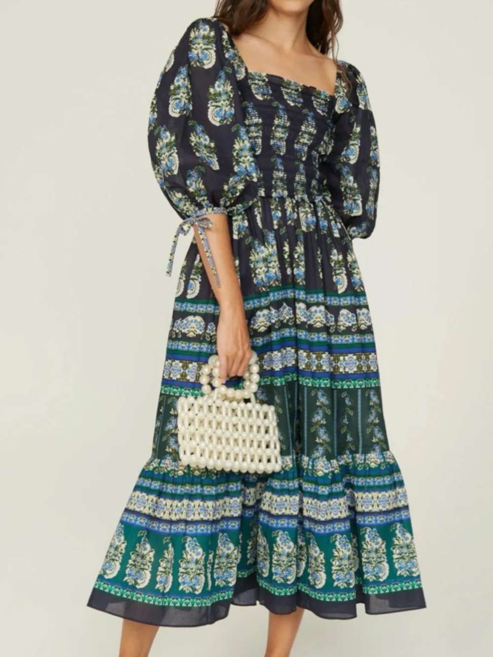 NWOT Cara Cara Jazzy Long Flower Green Blue Maxi Dress Boho CottageCore sz L